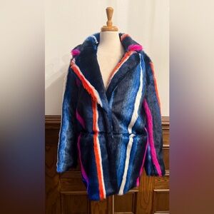 NEW Funky Punk Rocker Striped White Blue Faux Fur Coat Jacket M L
